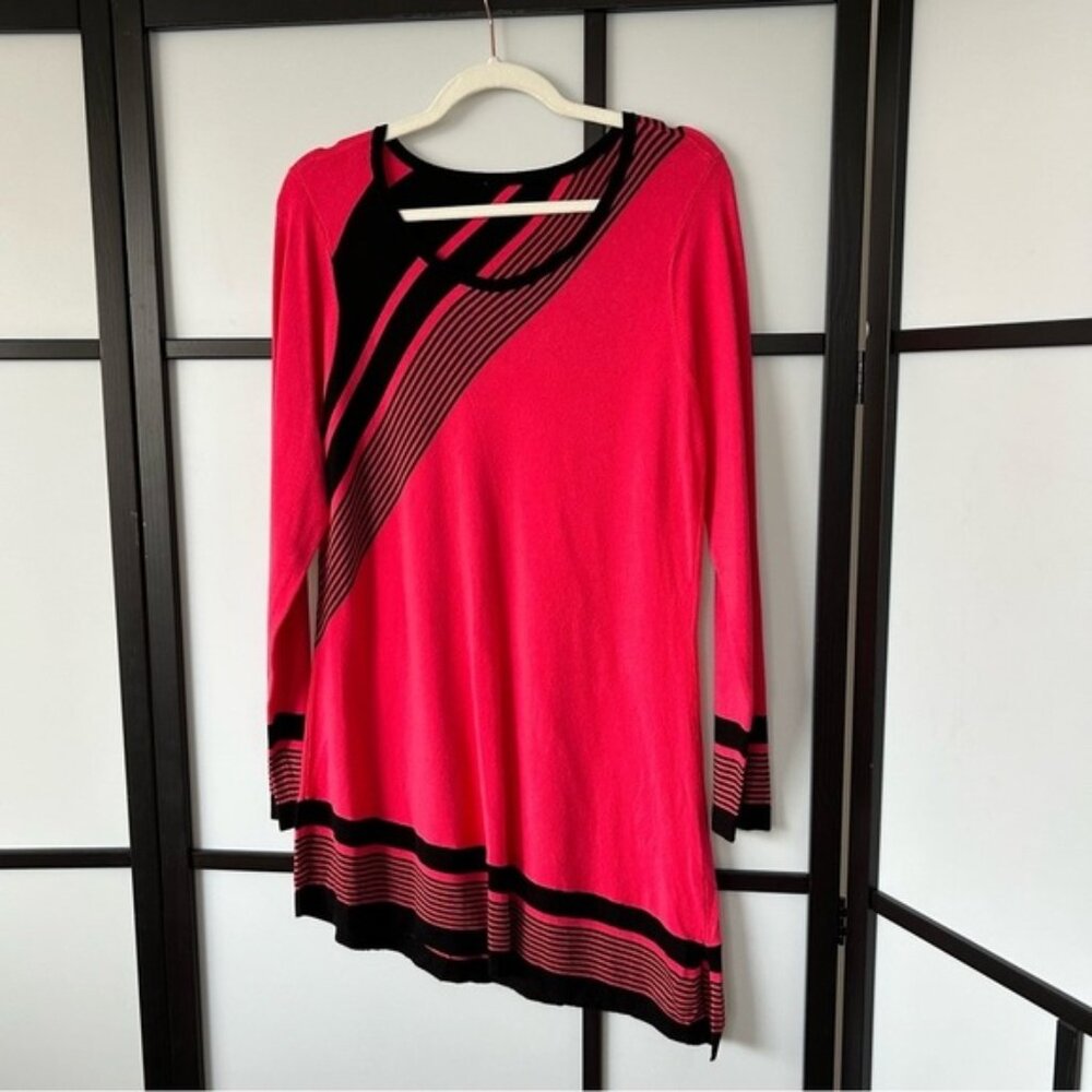 Red Pink & Black Striped Rayon Blend Long Sleeve Tunic Style Sweater Women